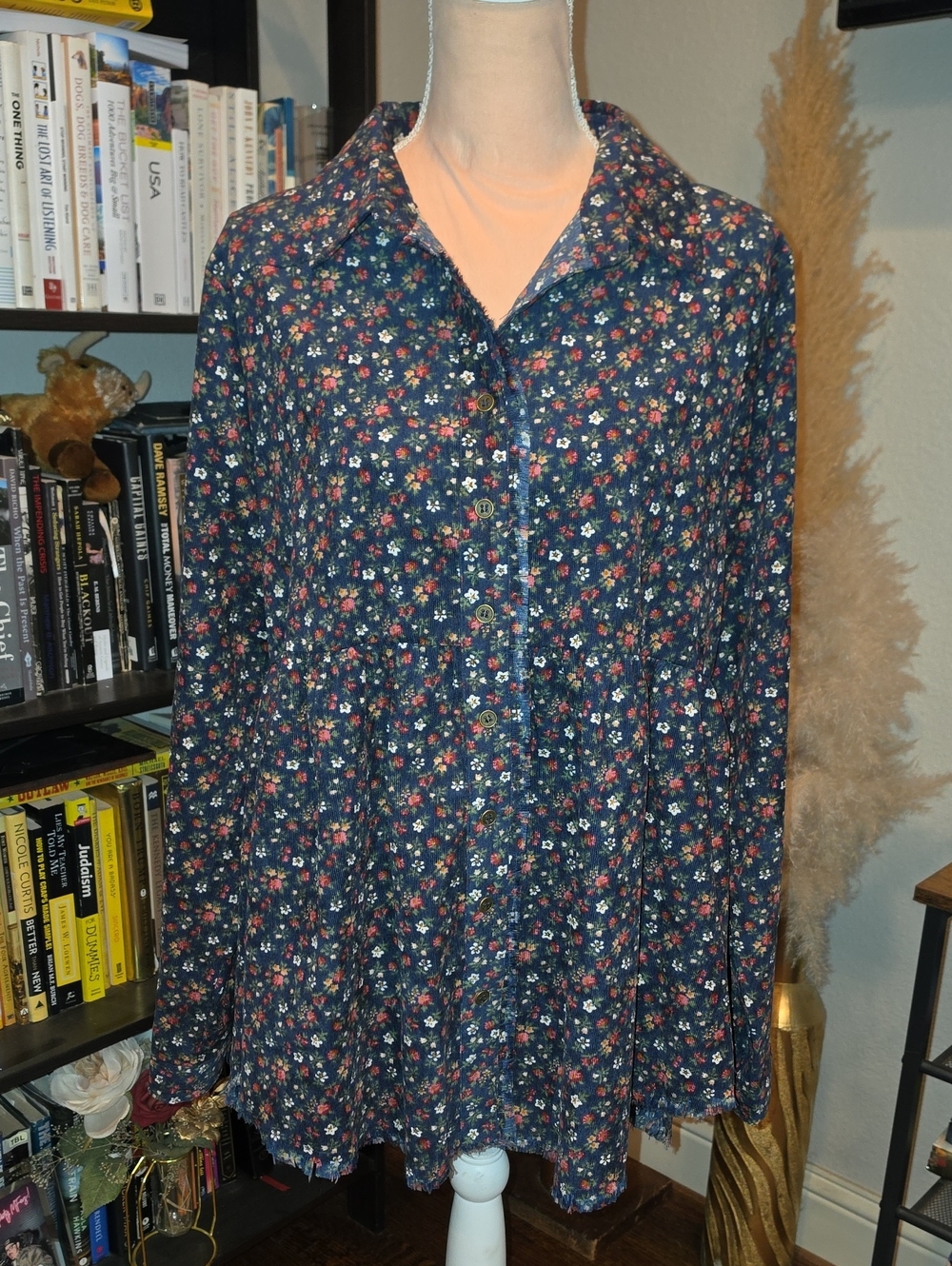 Umgee Navy Floral Corduroy Babydoll Dress Tunic Button Front Boho Western Size L